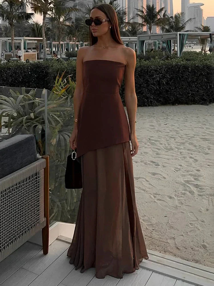 Fashion Strapless Dress With Ribbon Female Elegant Sleeveless Mesh Beach Vacation Long Dress 2025 Spring New Women Dress