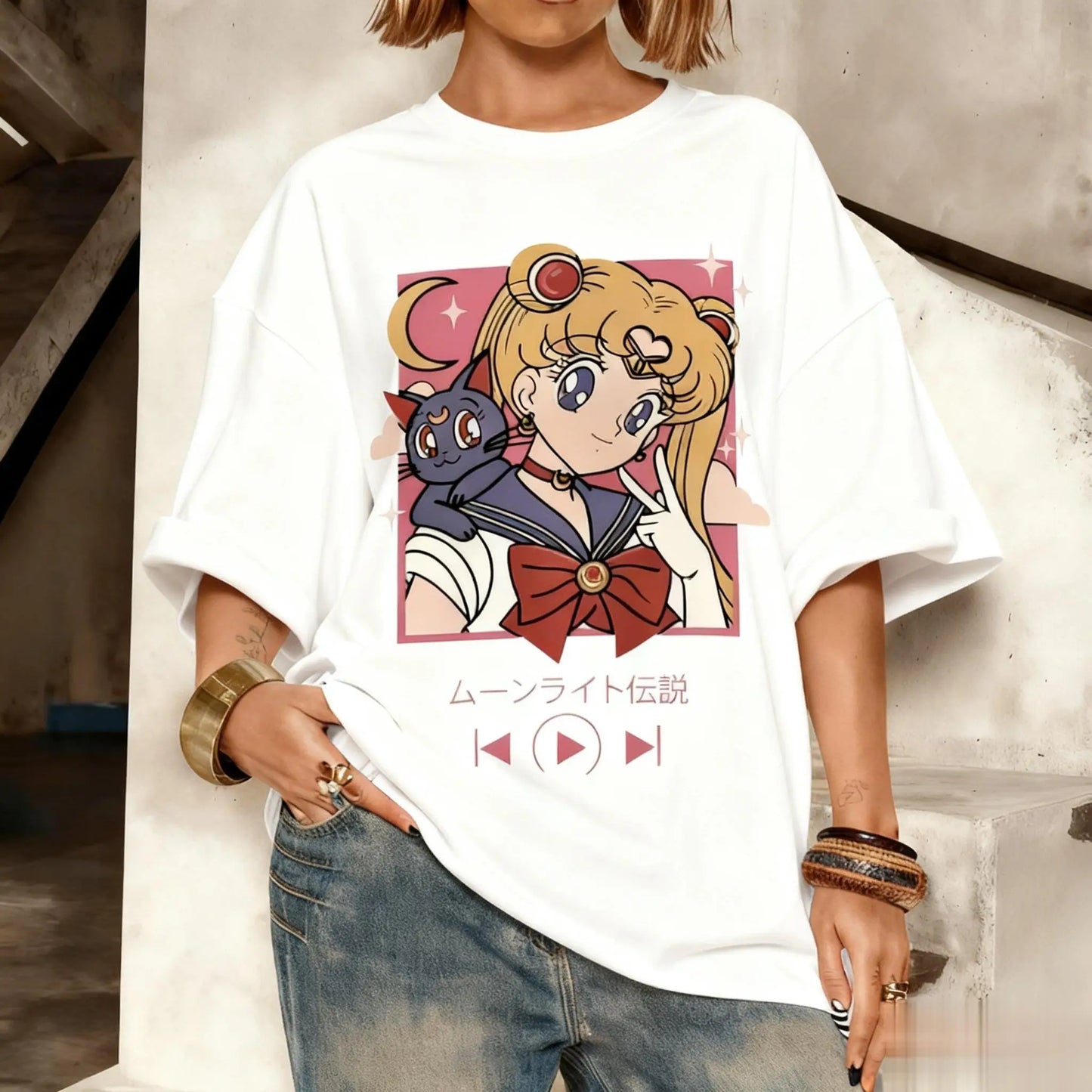 Camiseta Oversized Streetwear Kawaii Sailor Moon Gráfica Masculina Feminina Estampa Anime Manga Curta Verão Casual Roupa Y2k