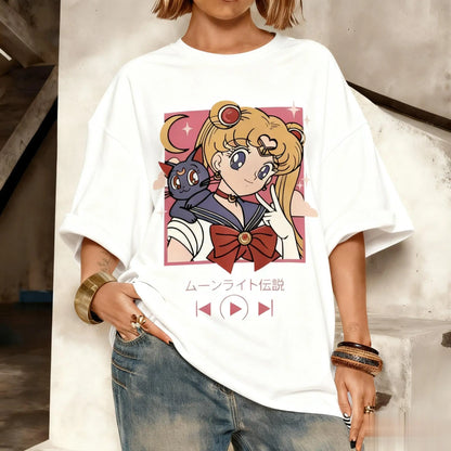 Camiseta Oversized Streetwear Kawaii Sailor Moon Gráfica Masculina Feminina Estampa Anime Manga Curta Verão Casual Roupa Y2k