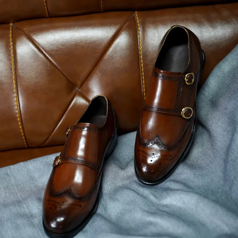 Classic Men Genuine Leather Dress Shoes Brogue Double Buckle Monk Strap Metal Buckle Business Office Wedding Formal Shoes