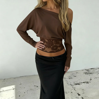 Elegant Off-Shoulder Lace-Trimmed Waist-Defining Top Retro Streetwear Solid Long-Sleeve T-Shirt For Women Spring-Summer