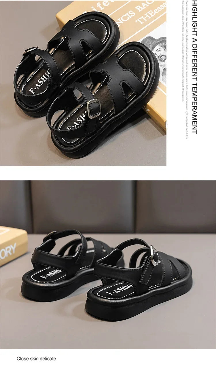New Summer Girl Sandals Fashion Solid Color Children Causal Versatile Open-toe Beach Shoes Breathable Kids Thick Bottom Sandals