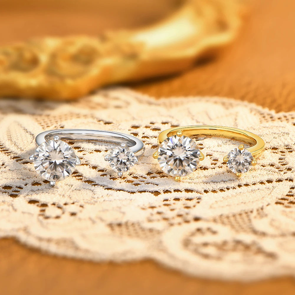 Two Stone Round Cut Moissanite Ring for Women 100% S925 Silver Personalized Open Rings Daily Wear Korean Style Jewelry