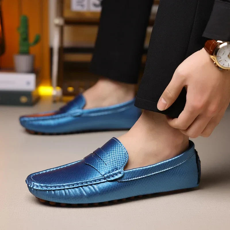 Mocassins Masculinos de Couro Azul de Luxo Moda Casual Confortável para Homens Designer Sapatos Slip-on Planos Masculinos zapatos hombre