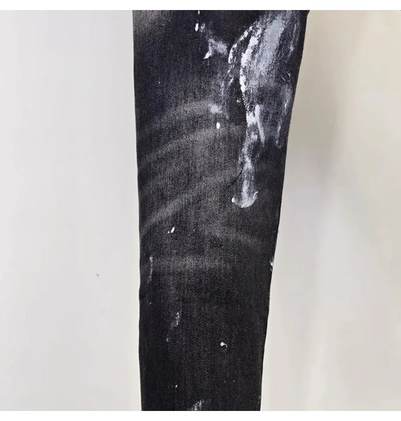 Street fashion men's black gray jeans, high-quality stretch slim fit painted corrugated jeans designer retro hip-hop brand pants