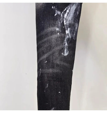 Street fashion men's black gray jeans, high-quality stretch slim fit painted corrugated jeans designer retro hip-hop brand pants