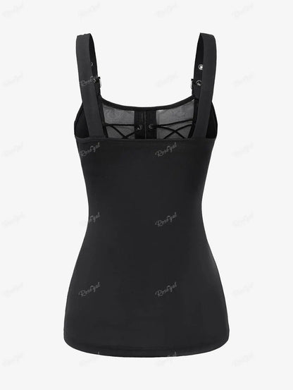 Plus Size Women's Tops Gothic Mesh Lace Up Buckle Grommet Tank 2026 new Spring,Summer Black Backless Standard Vest