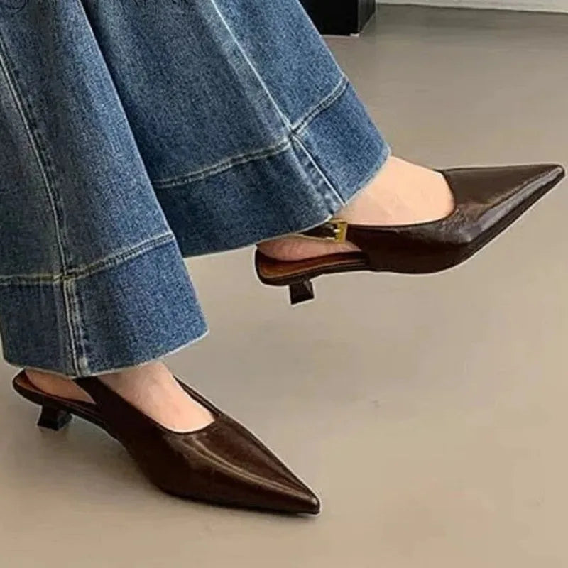 Sexy Pointed Toe Mid Heels Sandals Women Shoes Slingback Summer 2025 Trend Dress Leather Pumps New Elegant Party