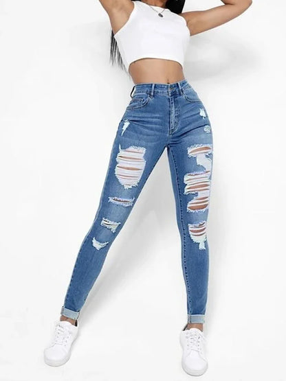 Casual Skinny Jeans Autumn, Slash Pockets Distressed Denim Pants