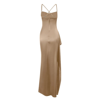 Women's Fashion Elegant Fitted Pleated Slit Satin Gown Solid Color Sleeveless Backless Long Dresses Summer Satin Party Dress
