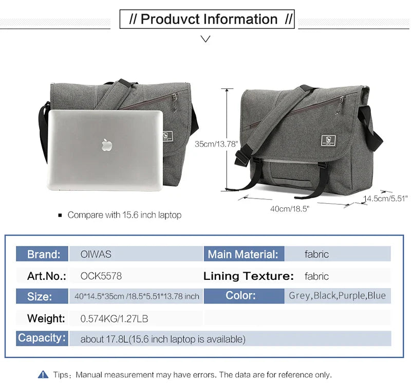 15 Inch Laptop Men Messenger Bag Fashion Travel Sling Shoulder Bag Men's Canvas Briefcase Male Crossbody Pack For Teenages