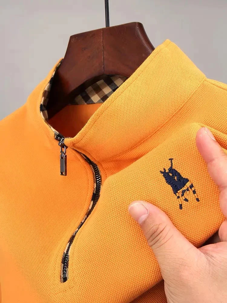 Luxury new Half Zipper Long Sleeve T-shirt 100% Cotton Brand Embroidered Stand Collar Men's Clothing Autumn Casual polo shirt