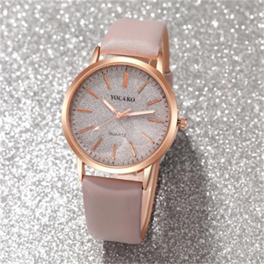 2PCS/Set Women's Watch Shiny Fashion PU Leather Analog Quartz Watches Rose Flower Bracelet