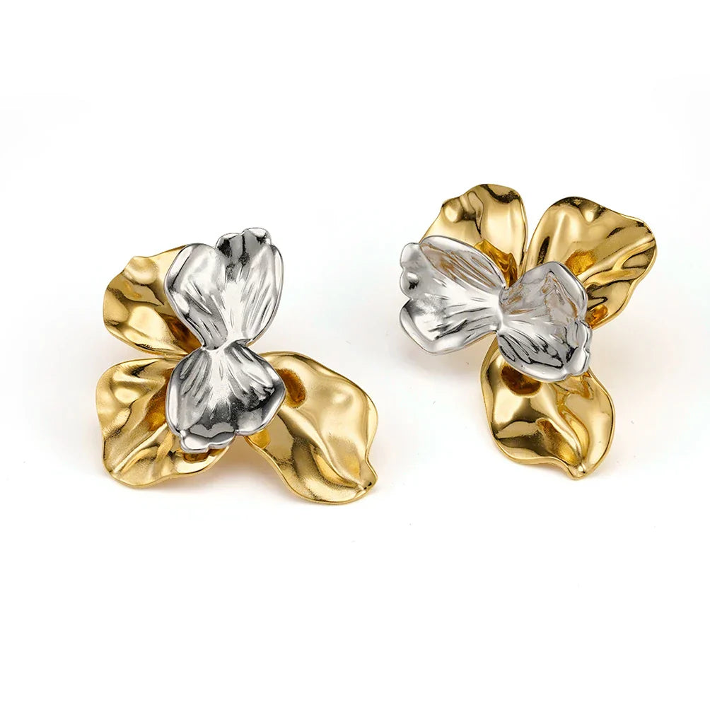 Two Tone Flower Stud Earrings For Women's Stainless steel 18K Gold Plated Fashion Dating E251745