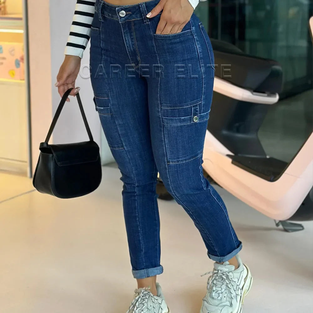 Calça Cargo Y2K Feminina Streetwear Jeans Que Emagrece Calça Jeans Feminina Casual Cintura Baixa Calça Azul Elástica Tamanho Grande Todas as Estações