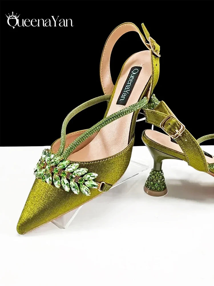 New Arrival Fashionable Olive Color Diamond Decorative Party Wedding Pointed Toe Women's High Heels and Bag Set