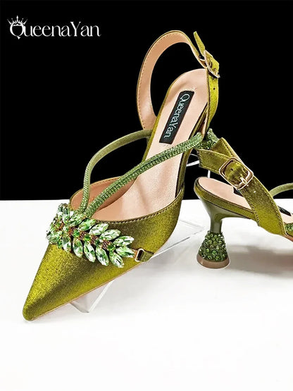 New Arrival Fashionable Olive Color Diamond Decorative Party Wedding Pointed Toe Women's High Heels and Bag Set