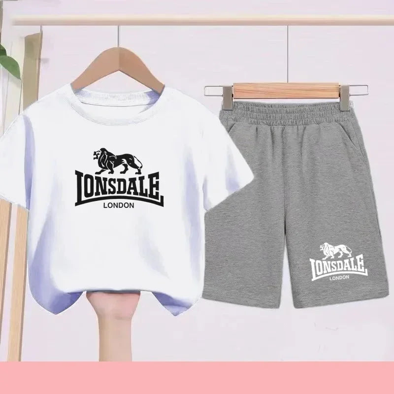 Lion Alphabet Print Kids Summer T-shirt Boys Girls Toddlers 3-12 Years Top+ Shorts 2P Outdoor Sports Clothes Fashion Leisure Set