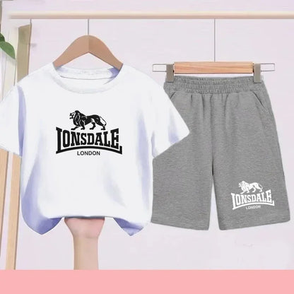 Lion Alphabet Print Kids Summer T-shirt Boys Girls Toddlers 3-12 Years Top+ Shorts 2P Outdoor Sports Clothes Fashion Leisure Set