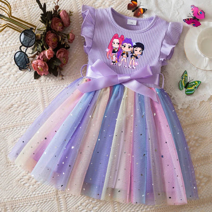 Girls Flying Sleeves Bow Sequin Dress Kids Baby Girl Birthday Party Fluffy Tutu Princess Dress 1-5Y