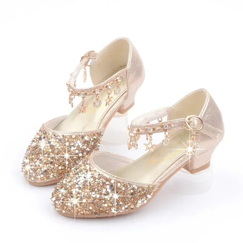 Fashion Kid Leather Shoe 2023 Summer Sequin Princess Shoe Crystal High Heel Sandals Kid Shoes Girl Dresses Mary Jane Girl Shoes