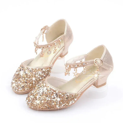 Fashion Kid Leather Shoe 2023 Summer Sequin Princess Shoe Crystal High Heel Sandals Kid Shoes Girl Dresses Mary Jane Girl Shoes