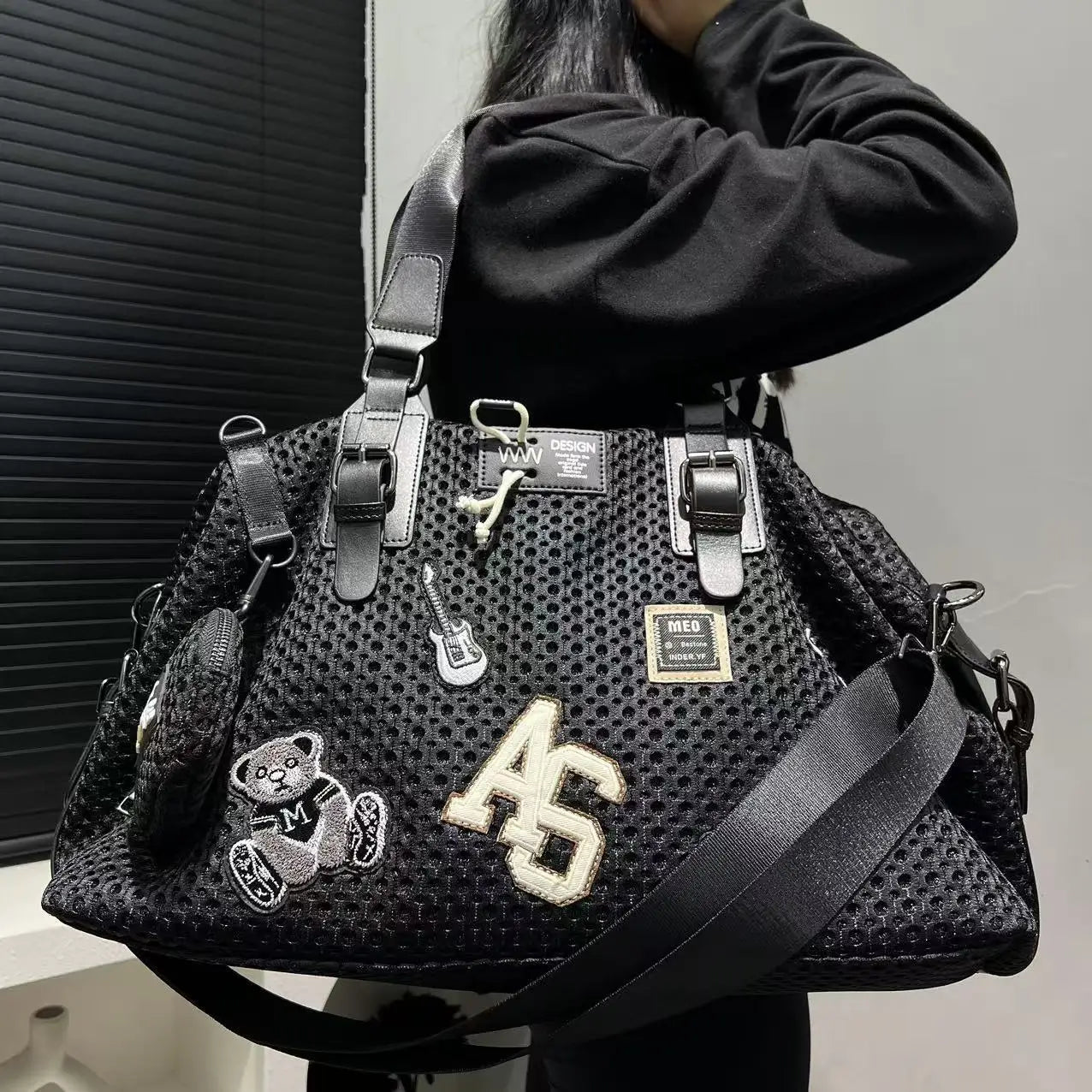 Fashionable women's mesh nylon adhesive tote bag, large capacity splicing shoulder bag, short distance travel casual handbag