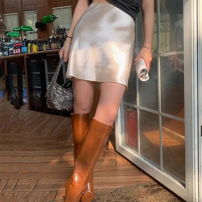 2026 Summer Lady High Waist Thin Acetate Satin Skirts Lady Solid Color A-line Dresses Girls Chic Korean Fashion Skirts