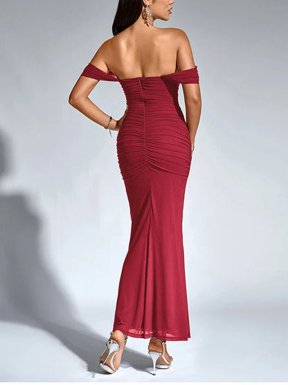 Women's Off Shoulder Ruched Mesh Long Corset Dress Backless Fishbone Bodycon Elegant Fashion Party Club Maxi Dresses