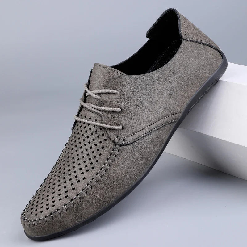 Summer Hollow Out Leather Shoes Men Luxury Italian Men Casual Handmade Moccasins Designer Breathable Boat Shoes