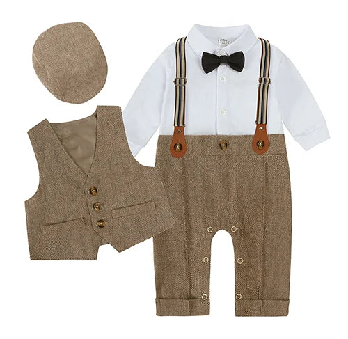 Toddler Gentleman Infant Baby Children Boys Clothes Set 3 Pcs Shirt Bow Tie Romper+Vest+Hat Newborn Dress Party Outfits Suit
