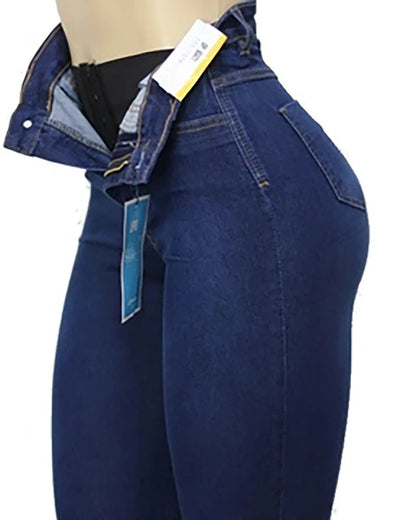 Women Jeans High Waist With Super Lipo Spandex Tummy Squeeze Slimming Waist Tight Denim Pants With Zipped