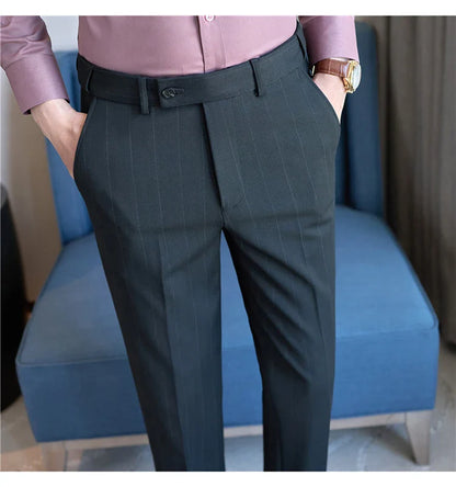 Men's Wool Blend Dress Pants, Elastic Waist Business Trousers, Tapered Slim Fit, Charcoal Gray Black Navy