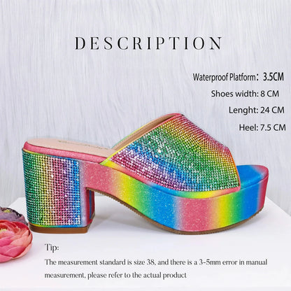 Italian Design Rainbow Colored Rhinestone Striped High Heels, Nigerian Paired With Open Sandals, Shoes Bag Set For Women