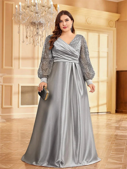 Plus Size Luxury Green V-Neck Sequins Evening Dress Elegant Women Party Maxi Dress Long Sleeve Cocktail Gowns Prom