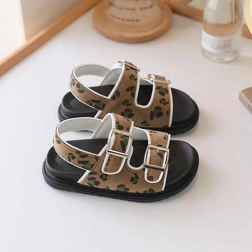 Kids Leopard Camo Double Buckle Roman Sandals, Thick Non-Slip Soft Elastic Rubber Sole Lightweight Children's Shoes,
