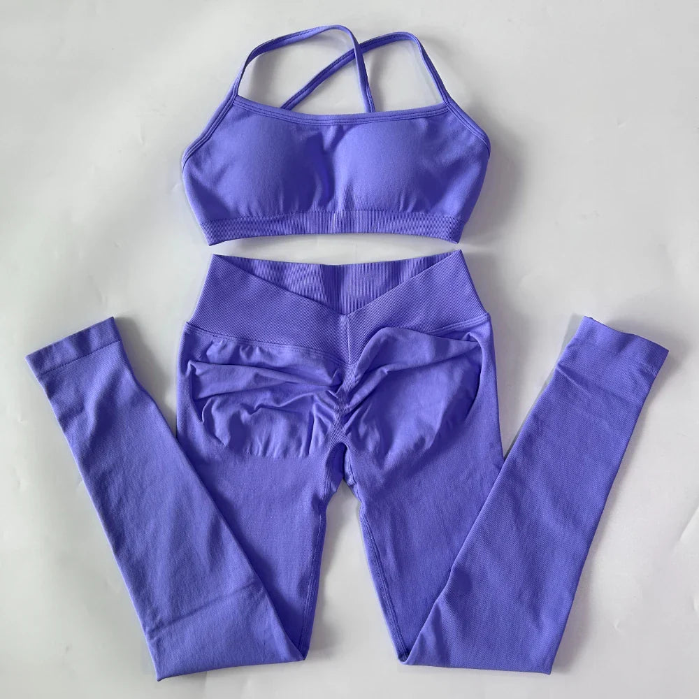 2 Pieces Gym Set For Women Clothes Seamless Scrunch Yoga Leggings Set Backless Sports Bra Fitness Workout Top Yoga Set Outfits