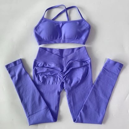 2 Pieces Gym Set For Women Clothes Seamless Scrunch Yoga Leggings Set Backless Sports Bra Fitness Workout Top Yoga Set Outfits