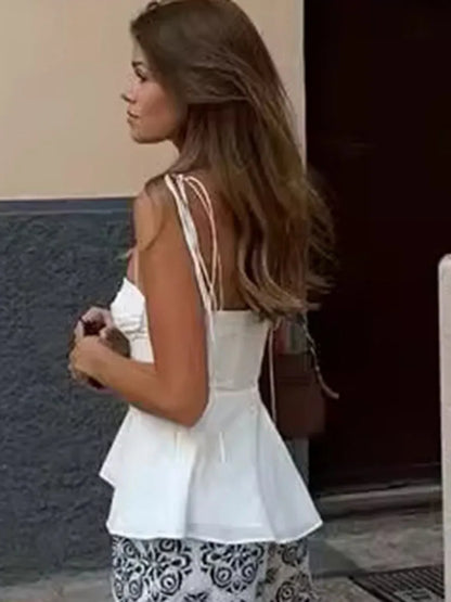 White Smocked Strappy Camisole Women's Sexy Sleeveless Ruffle Slim Bra Solid Color Streetwear Y2k Women's Tops Camisole