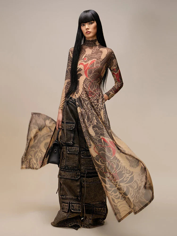 See Through Blouse Women Snake Print Half-High Neck Long Sleeves High Slits High Elasticity Street Skinny Trend Long Tops