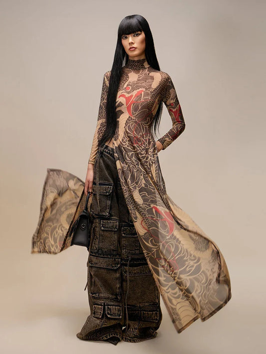 See Through Blouse Women Snake Print Half-High Neck Long Sleeves High Slits High Elasticity Street Skinny Trend Long Tops