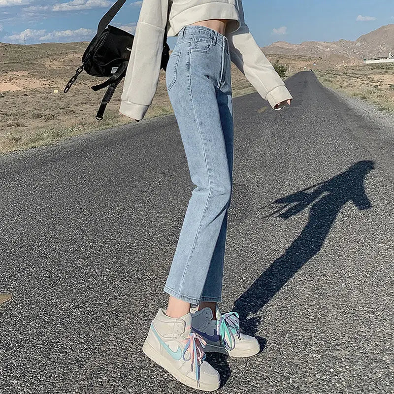 Light-colored High-waist Straight-leg Jeans Women Spring/autumn Slimming Elastic Versatile Tube Pants