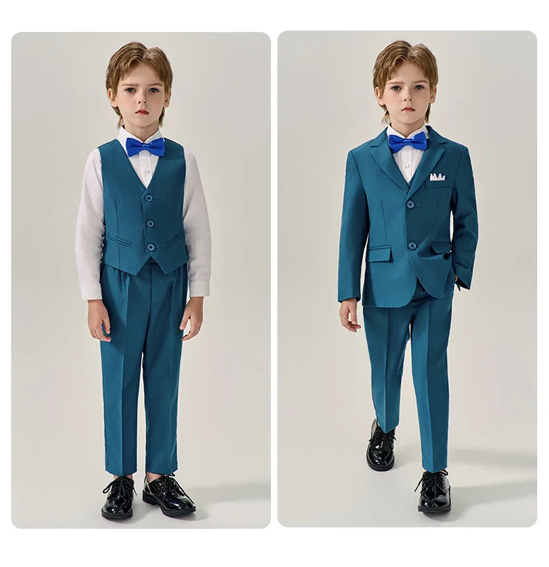 Boys Dark Green Jakcet Vest Pants Bowtie Evening Party Dress Children Wedding Photograph Suit Kids Ceremony Performance Costume