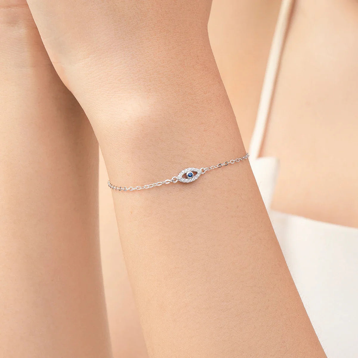 925 Sterling Silver Delicate Lucky Blue Eye Adjustable Bracelet Simple Chain Link For Women Pave Setting CZ Fine Jewelry