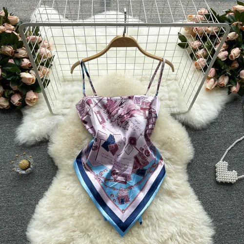 Women Sexy Backless asymmetrical lace-up Camis Print Tank Top Chic One-piece Corset Bustier Summer Beach vacation Crop Top