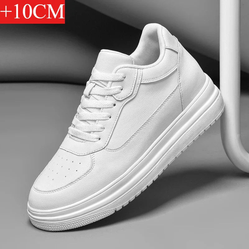 Novos sapatos masculinos invisíveis para aumentar a altura, sapatos esportivos de 6 CM-8 CM-10 CM, sapatos esportivos de couro branco para homens, tamanhos ampliados 36-46