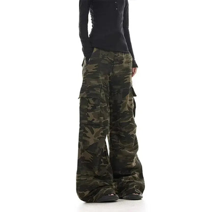 American retro washed design camouflage work pants for men and women, loose straight leg multi pocket wide leg casual paratroope