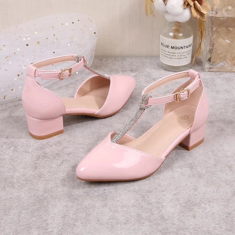 Children's Thick Heel Sandals Summer New Pointed-toe Girls' Crystal Princess Shoes Fashion Children's High-heeled Leather Shoes