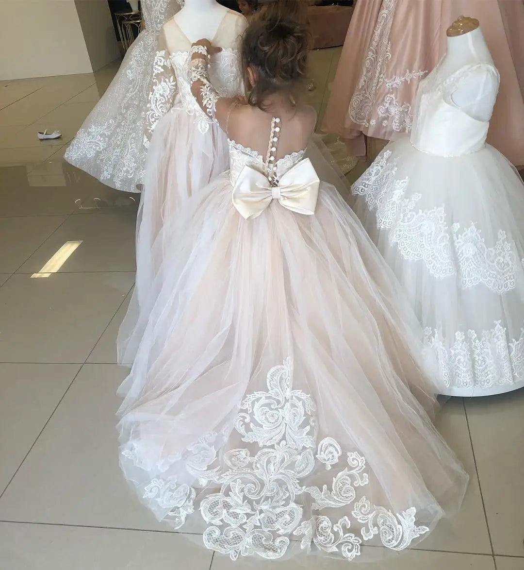 Children's First Communion Ball Gown Wedding Party Bridesmaid Dress Kids 3-9 Years Lace Tulle Flower Girl Dress Up Buttons Bows