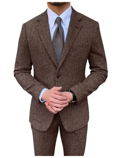 Retro British Men Suit 2 pieces (Blazer+ Vest + Pants)Single Breasted Suit Jacket Formal Fashion Herringbone Wedding Business